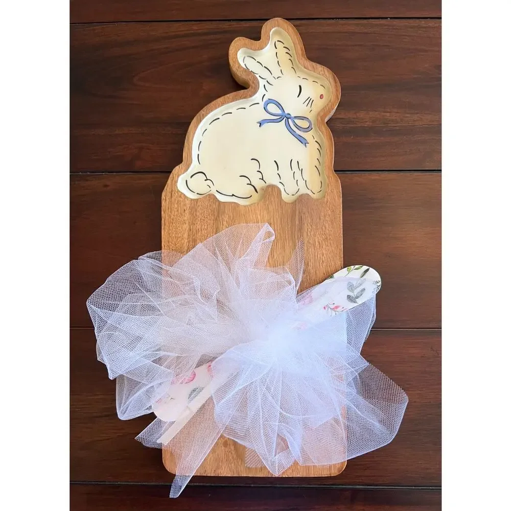 Wooden Easter Bunny Cheese Board with Floral Knife - New With Tags & Bow